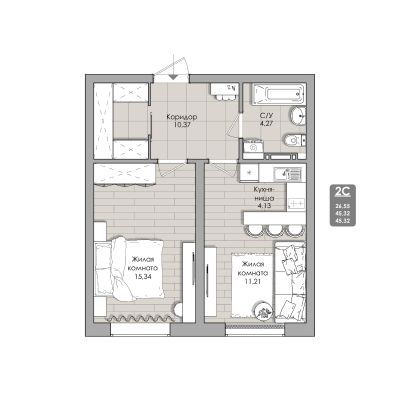 2-комнатные апартаменты 45.32 м² Nova apart
