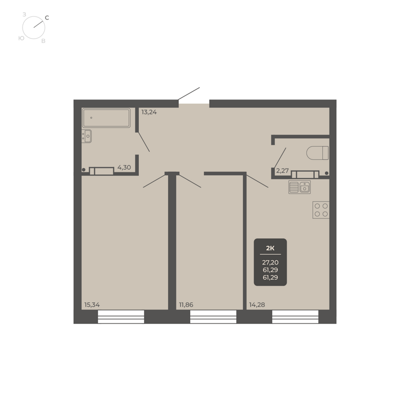 2-комнатные апартаменты 61.29 м² Nova apart