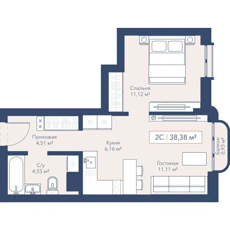 1-комнатная квартира 38.4 м² Willart