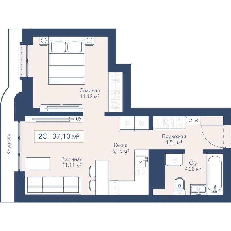1-комнатная квартира 37.1 м² Willart