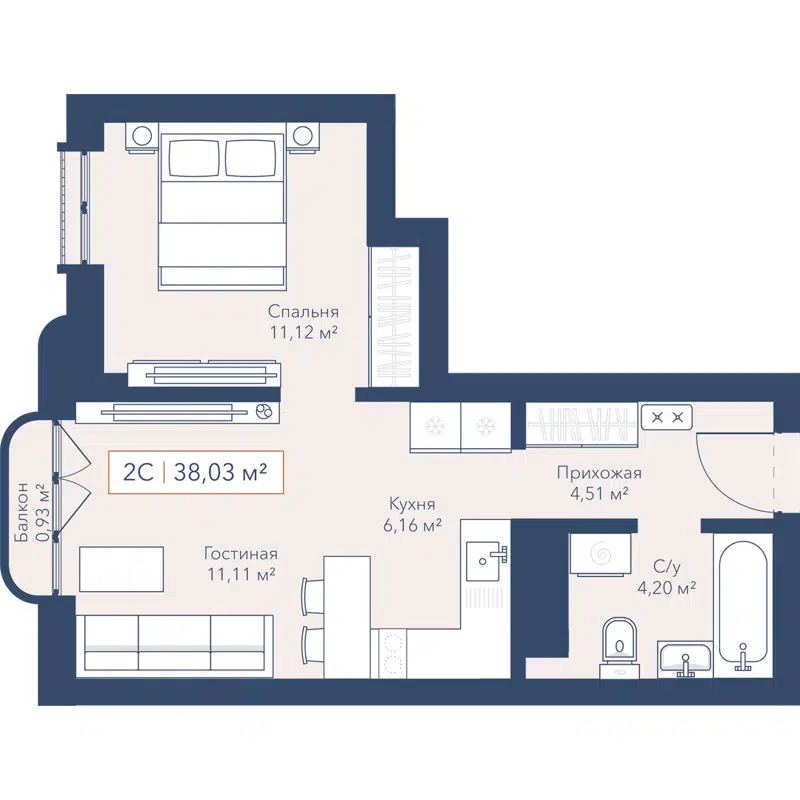 1-комнатная квартира 38.3 м² Willart