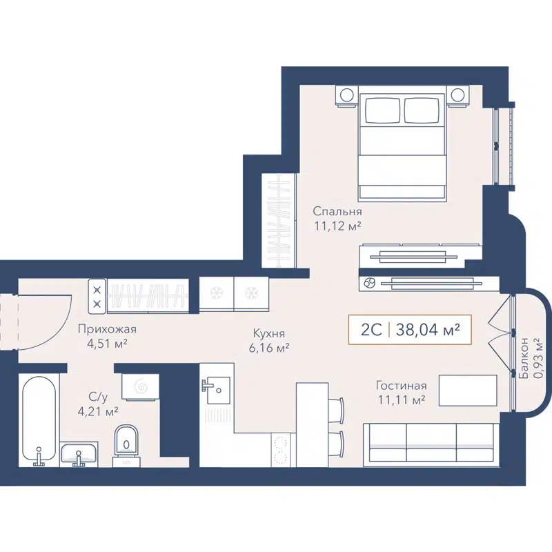 1-комнатная квартира 38.2 м² Willart