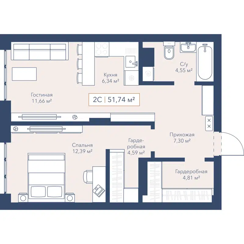 2-комнатная квартира 51.7 м² Willart