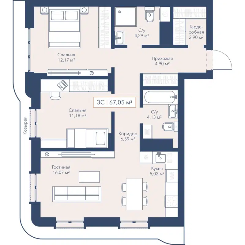 3-комнатная квартира 67.1 м² Willart