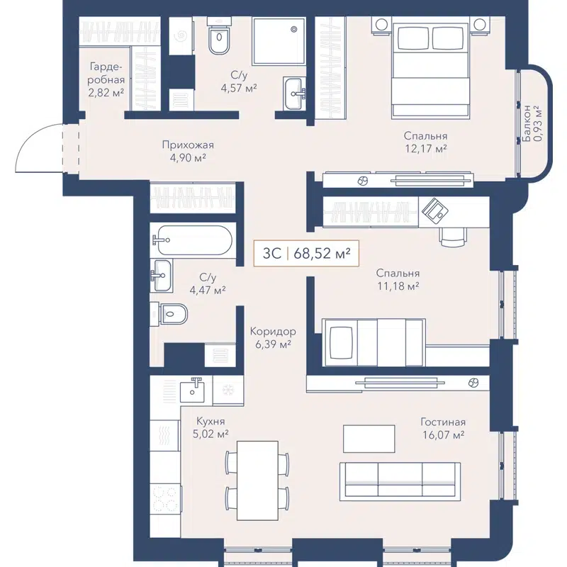 3-комнатная квартира 68.7 м² Willart
