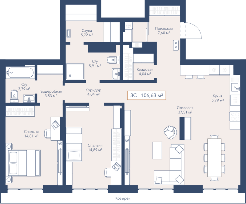 3-комнатная квартира 106.6 м² Willart