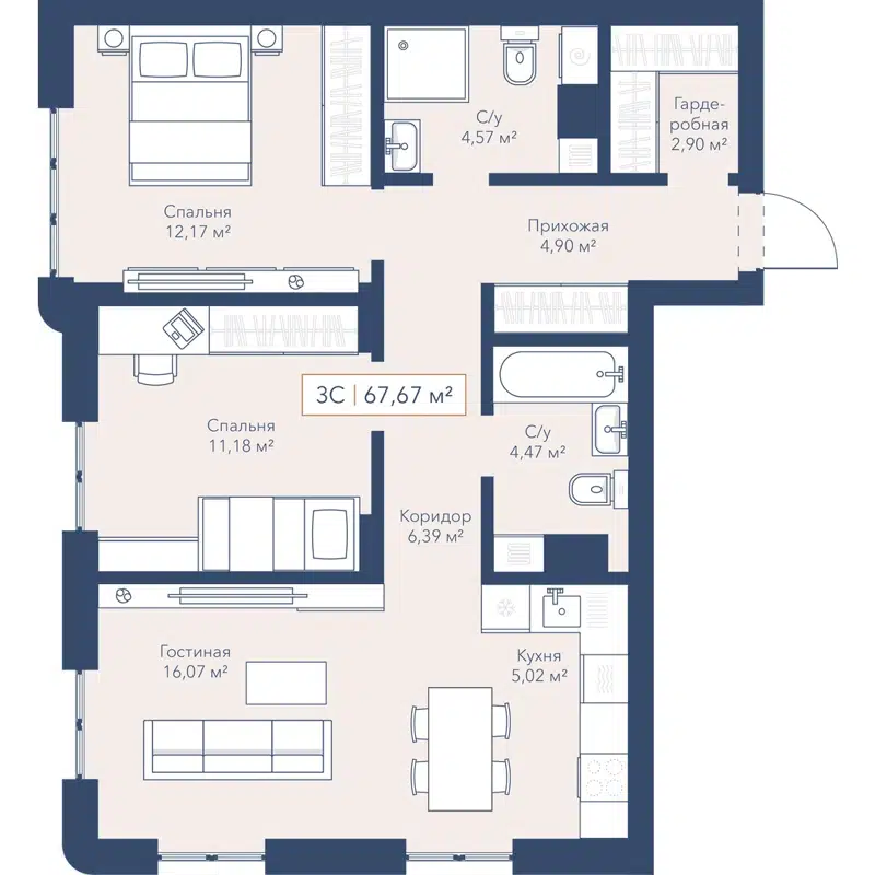 3-комнатная квартира 67.9 м² Willart