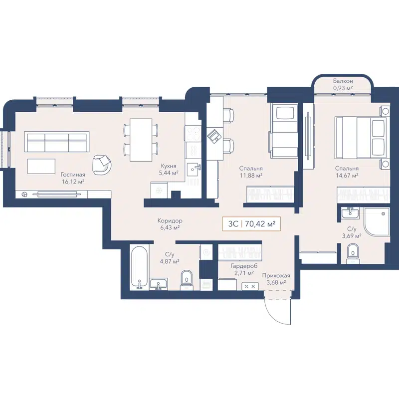 3-комнатная квартира 70.6 м² Willart
