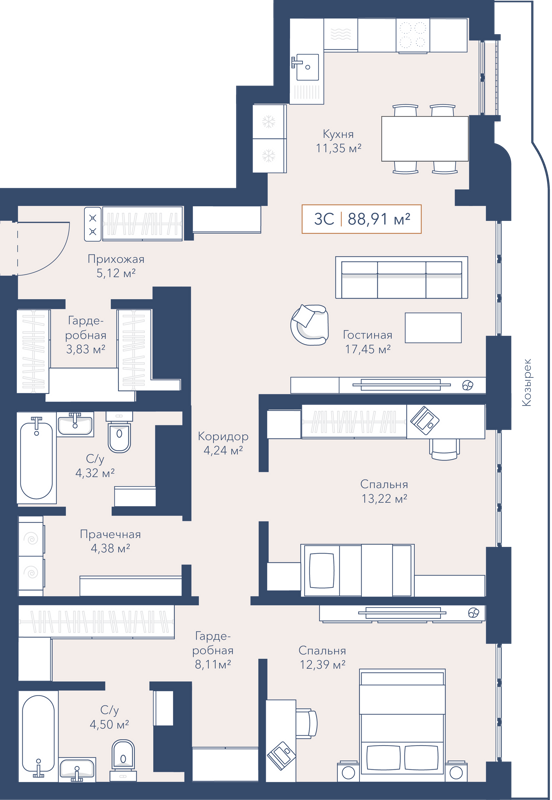 3-комнатная квартира 89 м² Willart