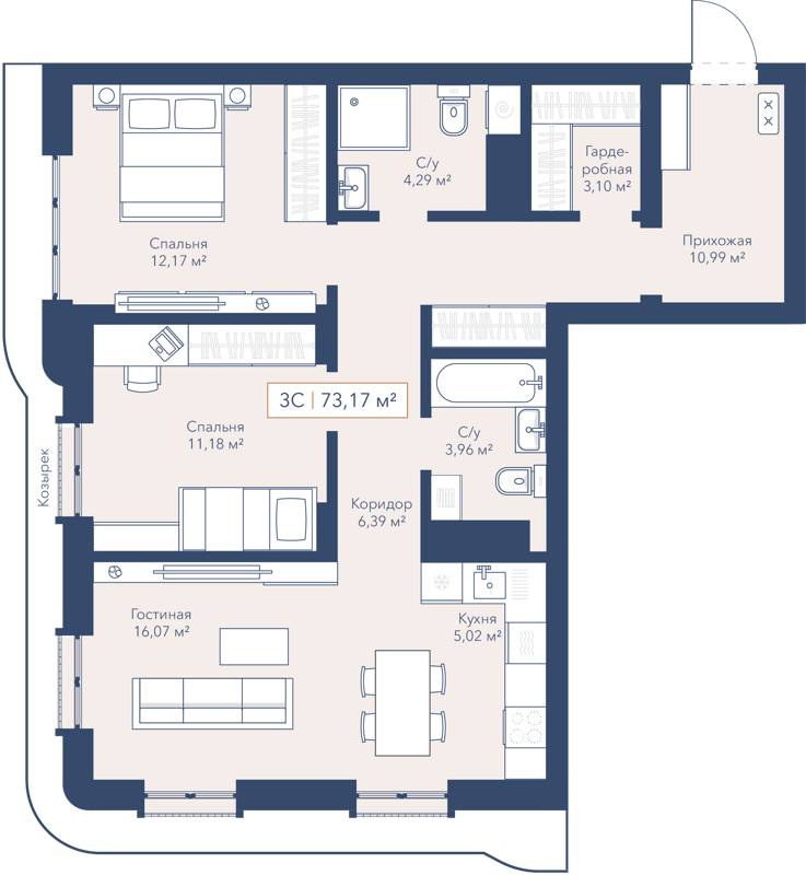 3-комнатная квартира 73.3 м² Willart
