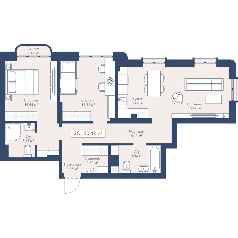 3-комнатная квартира 70.5 м² Willart