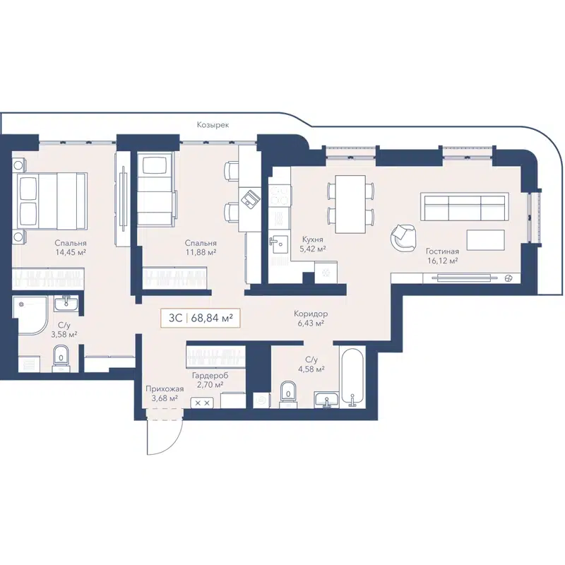 3-комнатная квартира 69 м² Willart