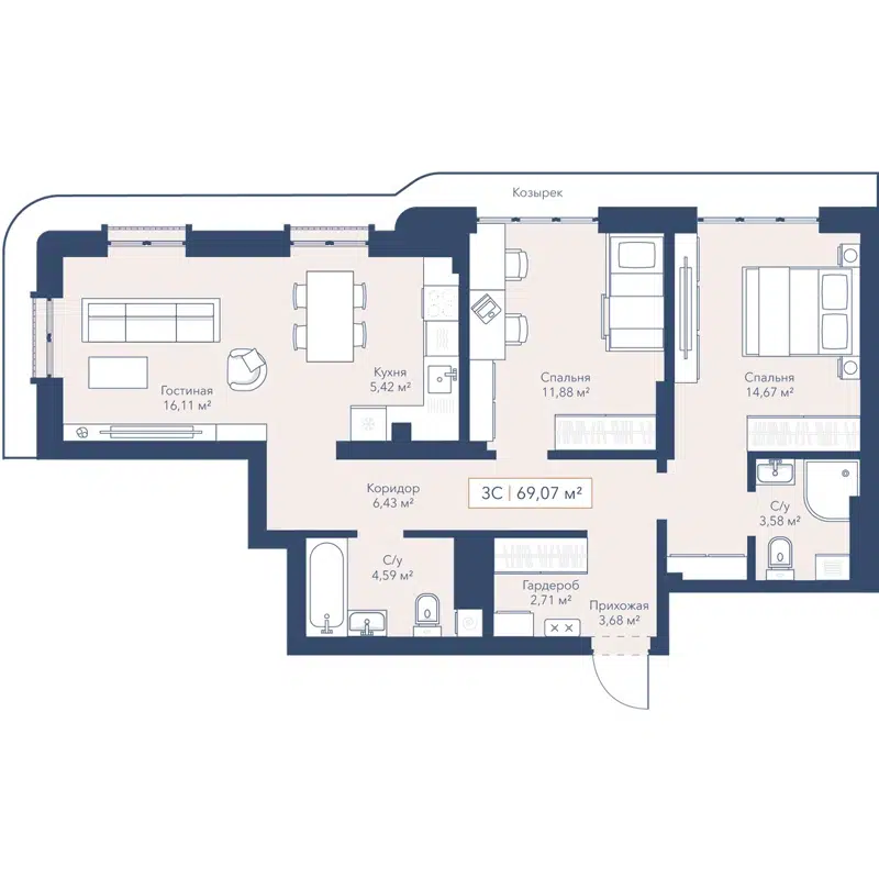 3-комнатная квартира 69.1 м² Willart