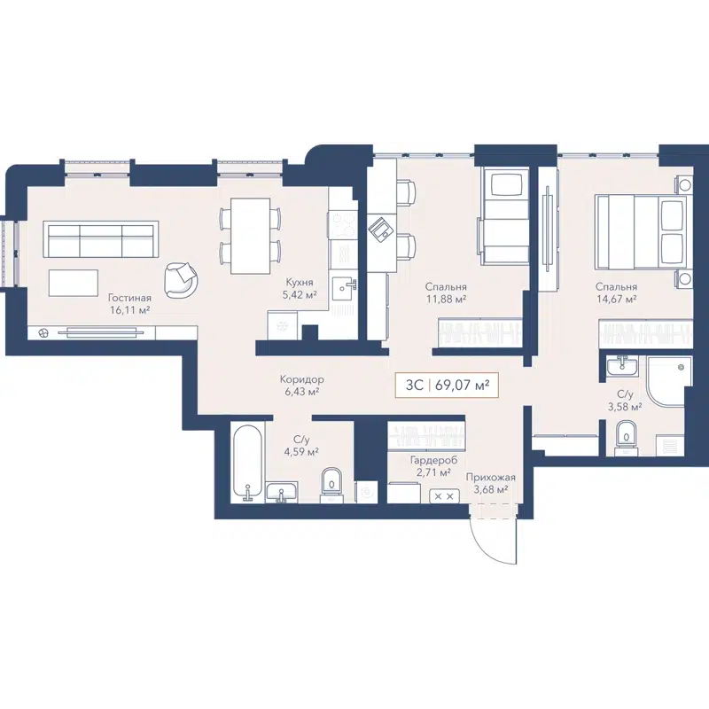 3-комнатная квартира 69.2 м² Willart