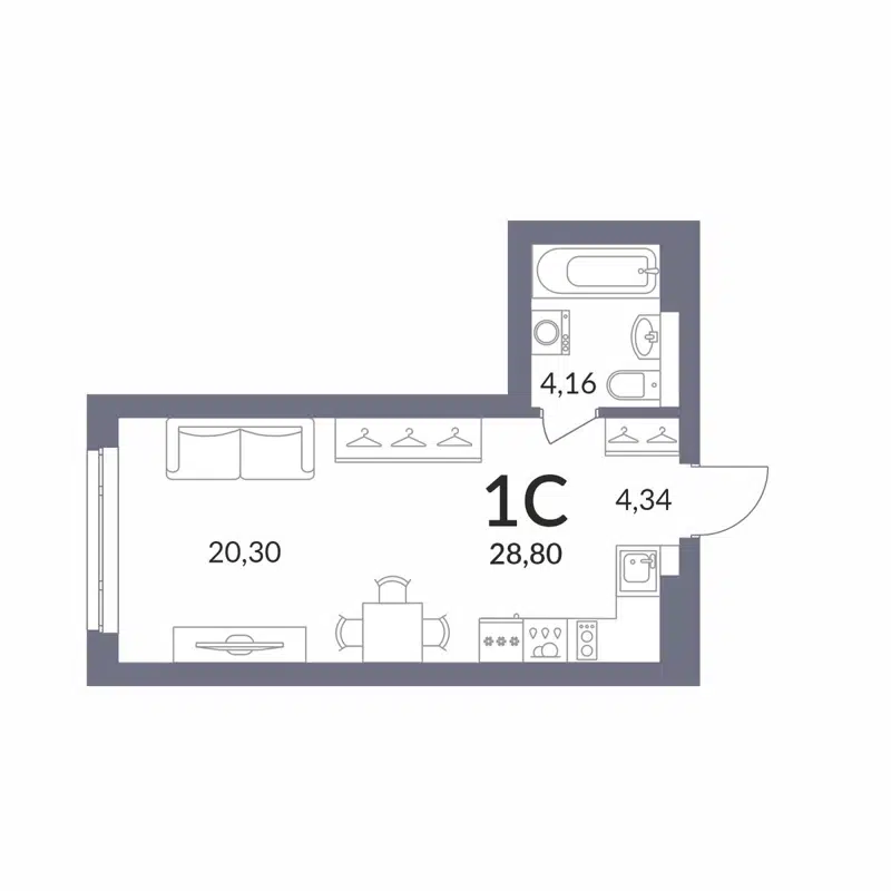 Студия 28.8 м² Горская Лагуна