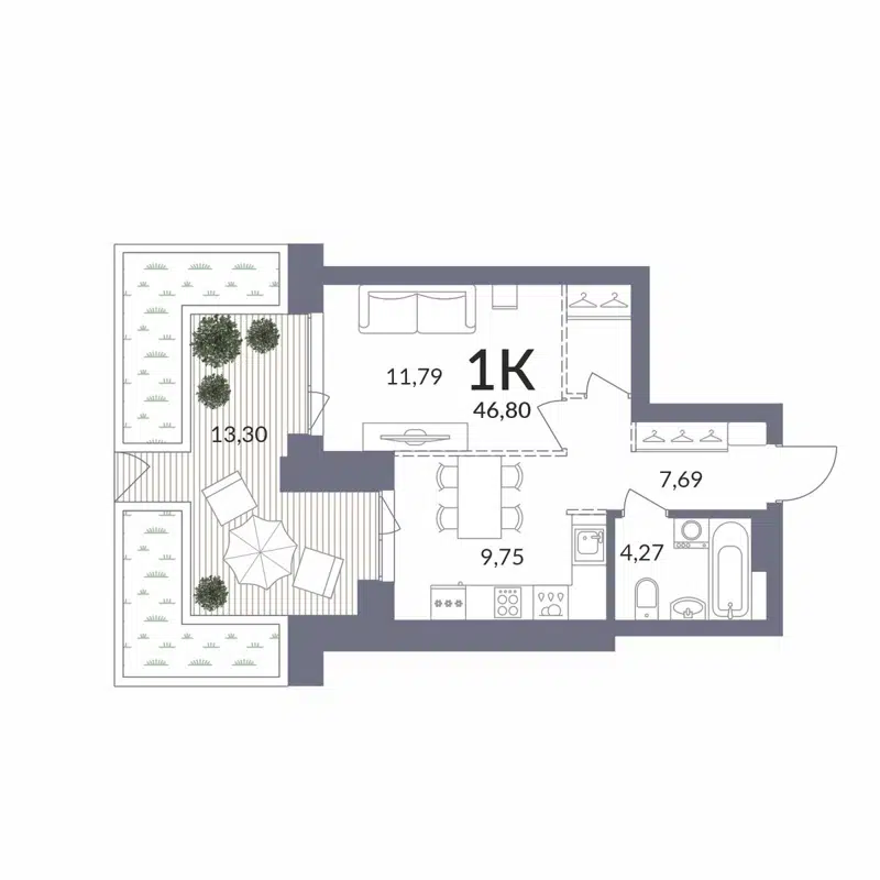 1-комнатная квартира 46.8 м² Горская Лагуна