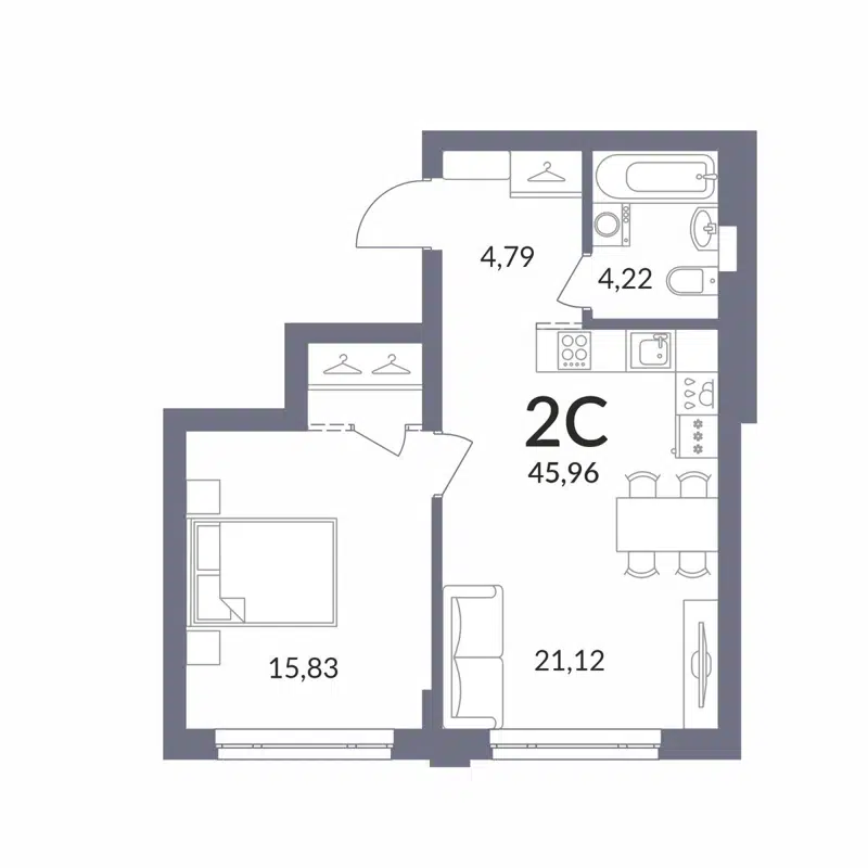 2-комнатная квартира 45.96 м² Горская Лагуна