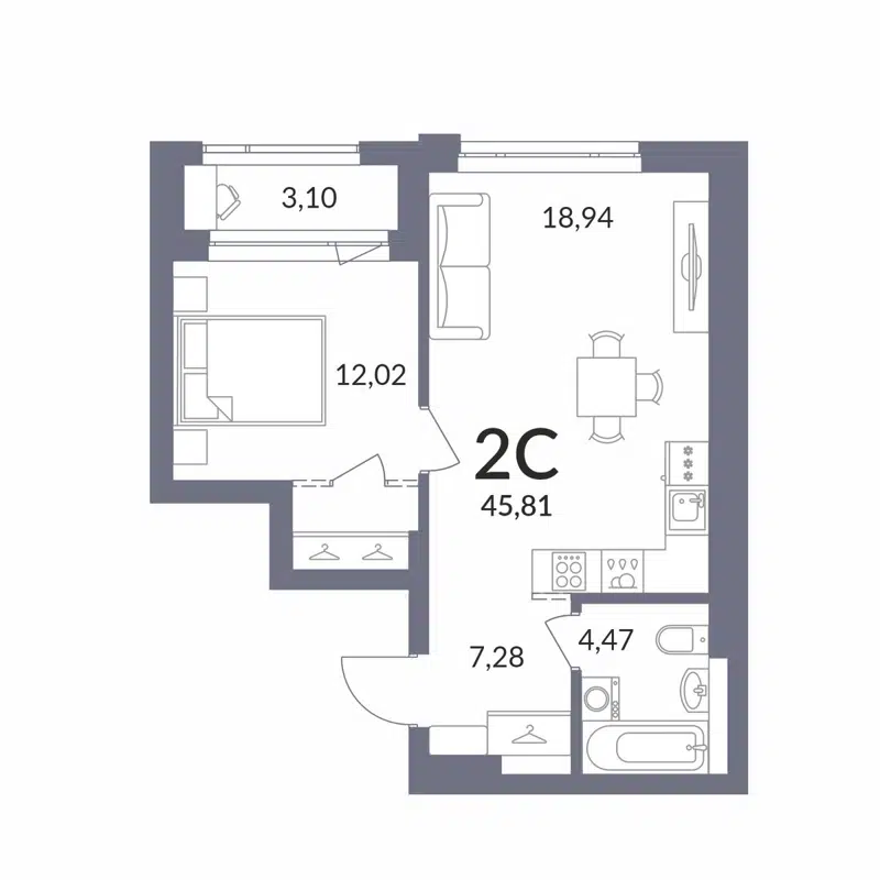 2-комнатная квартира 45.81 м² Горская Лагуна
