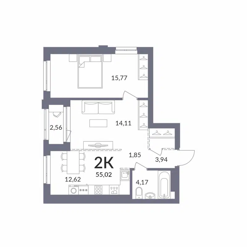 2-комнатная квартира 55.02 м² Горская Лагуна
