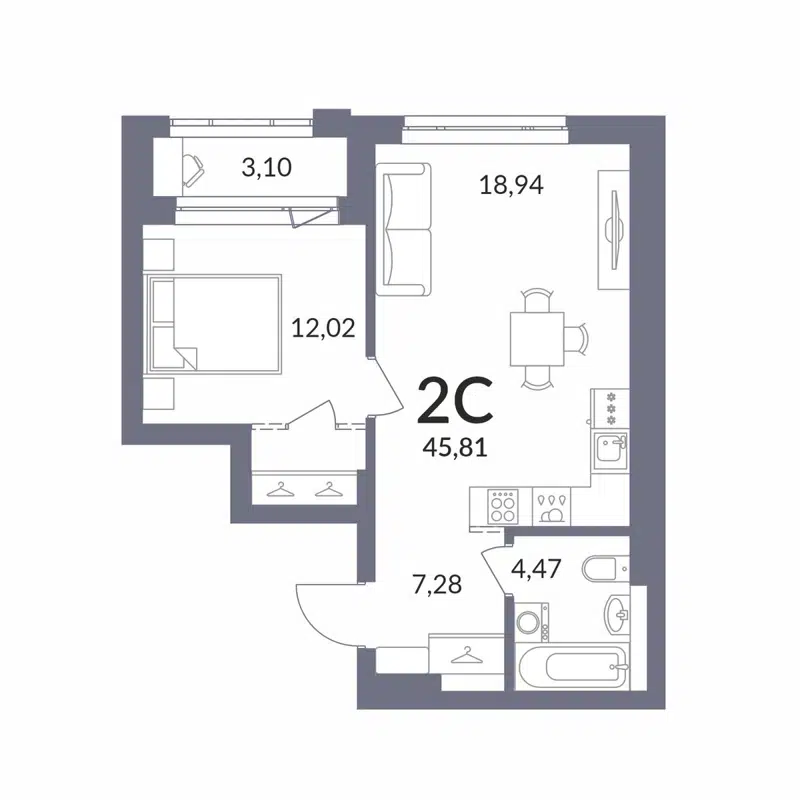 2-комнатная квартира 44.26 м² Горская Лагуна