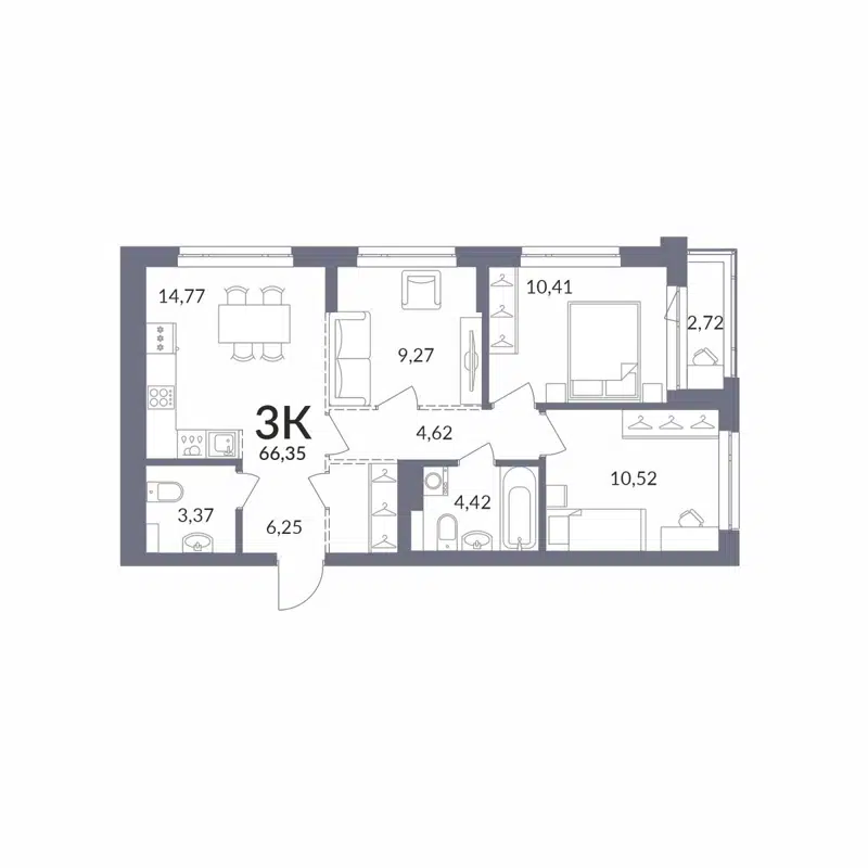 3-комнатная квартира 66.35 м² Горская Лагуна