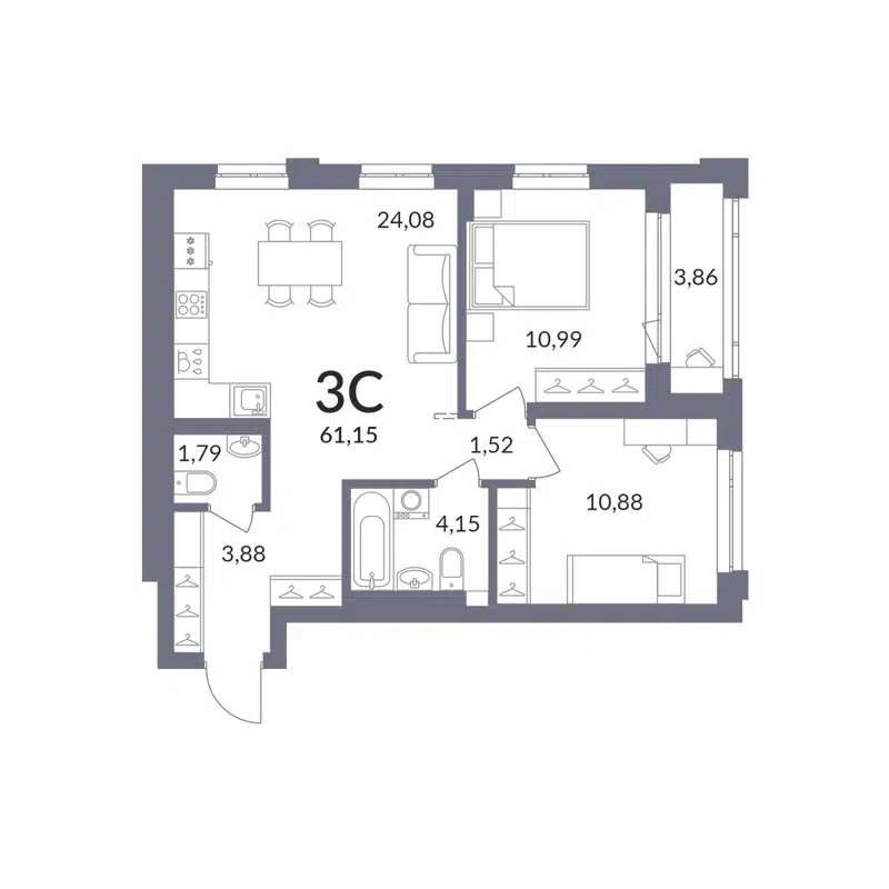 3-комнатная квартира 60.99 м² Горская Лагуна