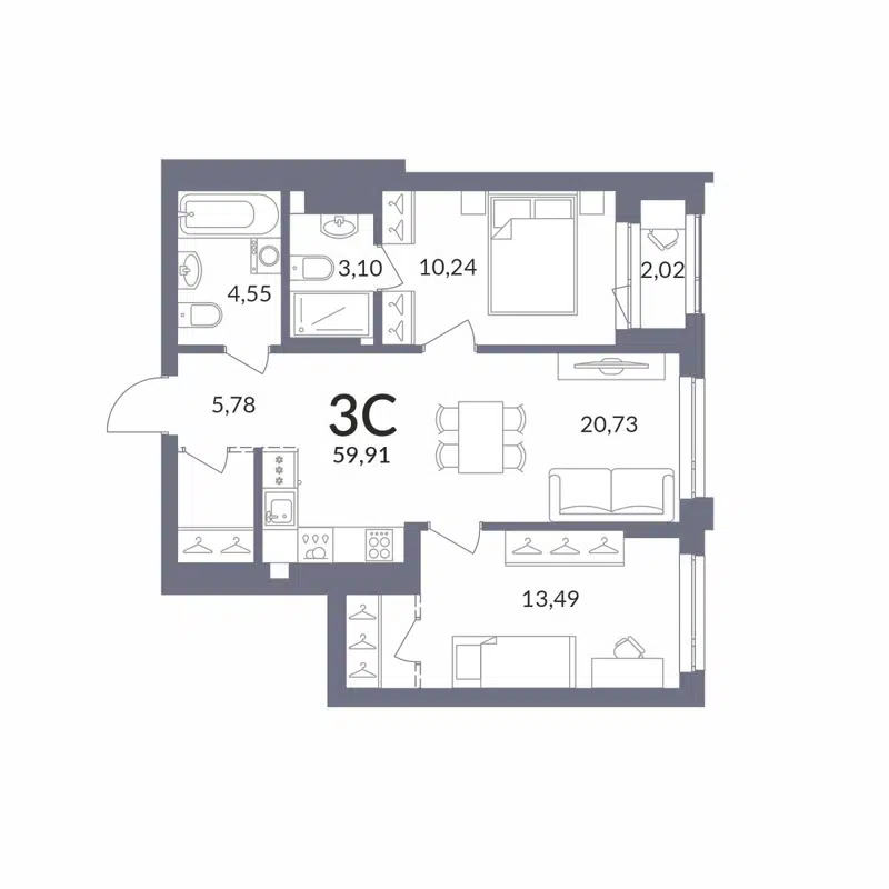 3-комнатная квартира 58.9 м² Горская Лагуна