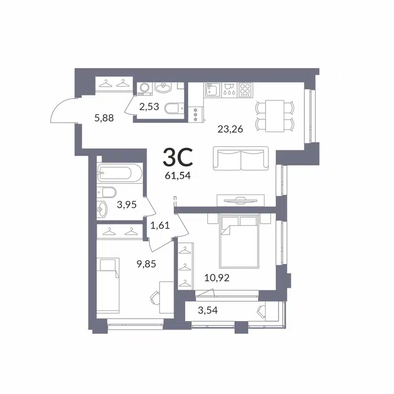 3-комнатная квартира 59.77 м² Горская Лагуна