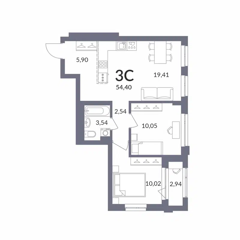 3-комнатная квартира 54.4 м² Горская Лагуна