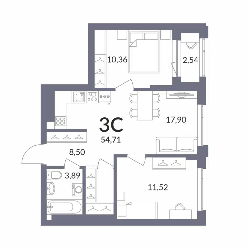 3-комнатная квартира 54.61 м² Горская Лагуна