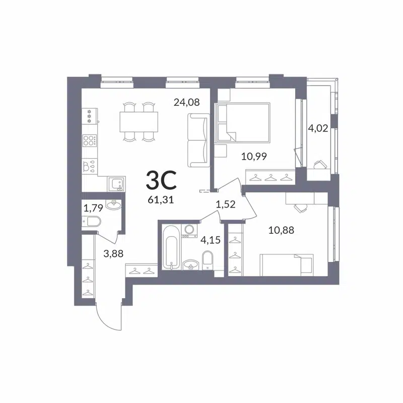 3-комнатная квартира 61.15 м² Горская Лагуна