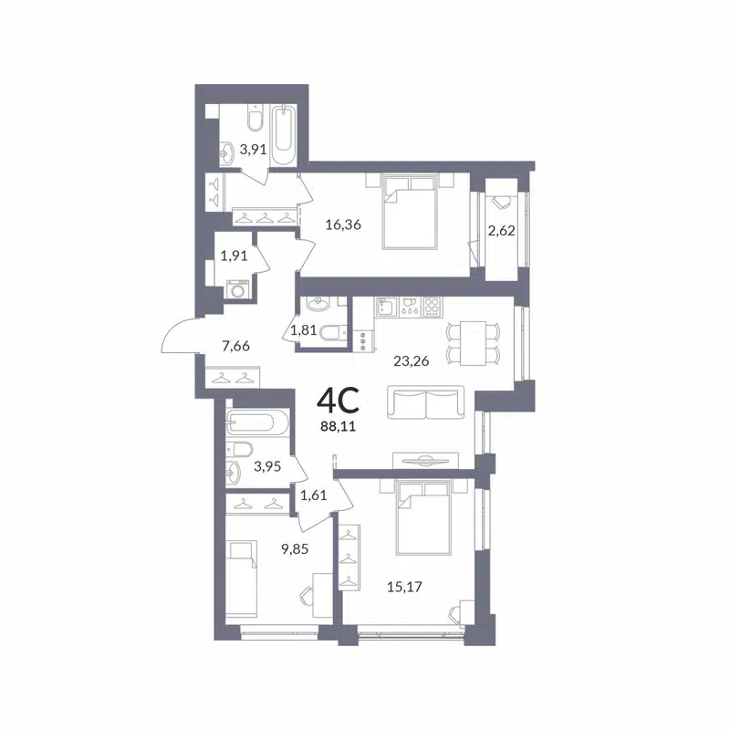 4-комнатная квартира 86.8 м² Горская Лагуна