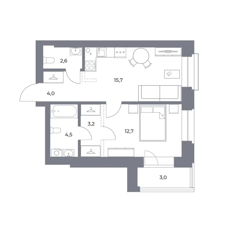 1-комнатная квартира 45.7 м² Прованс