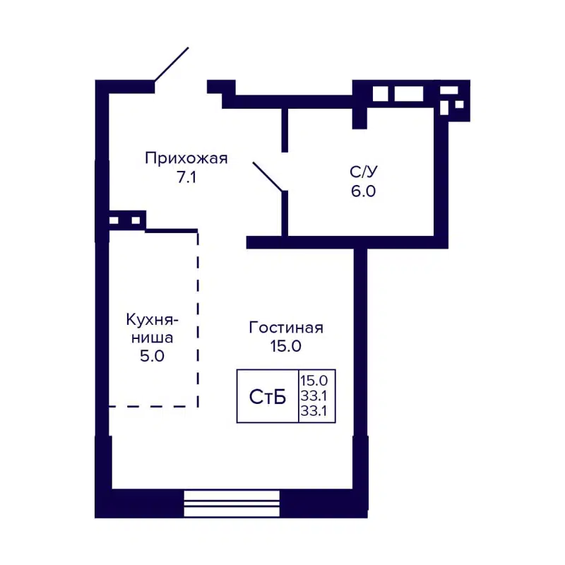 Студия 33 м² Gorizont