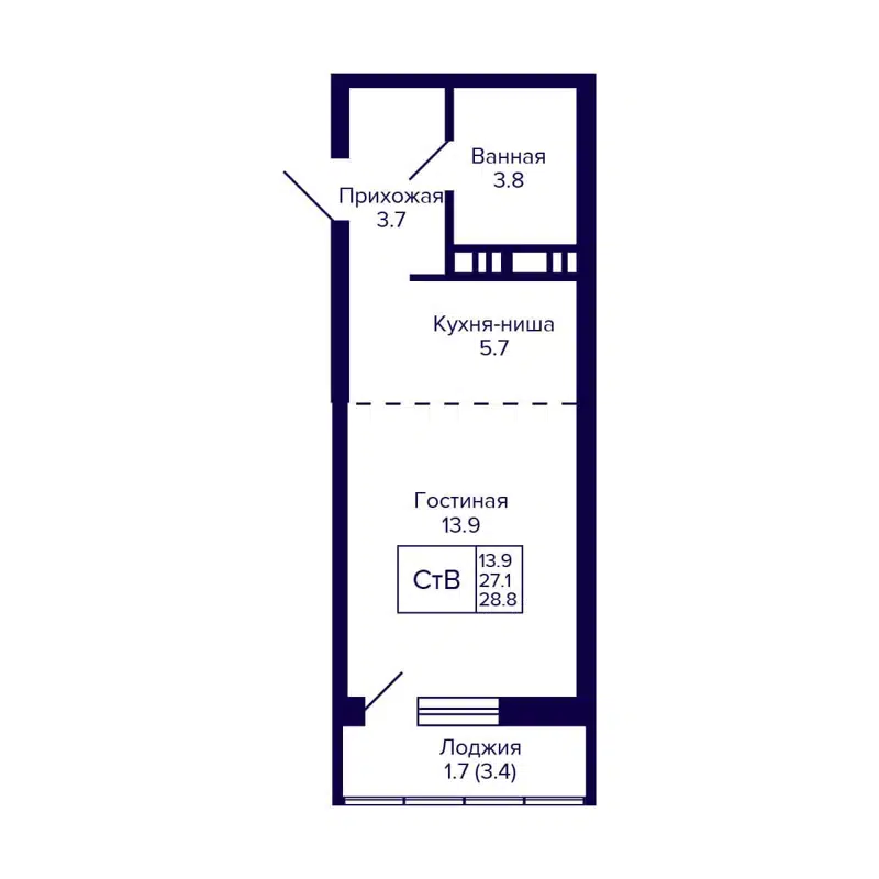 Студия 27.3 м² Gorizont