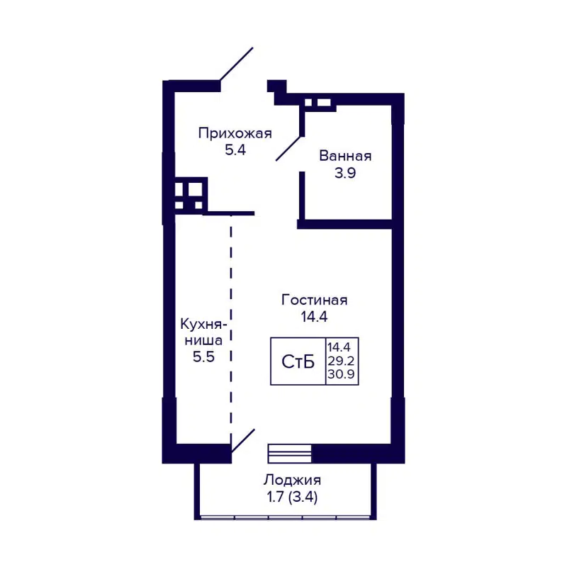 Студия 30.9 м² Gorizont