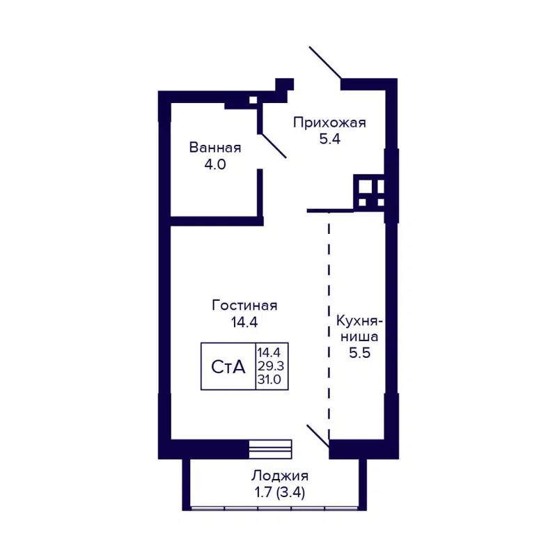 Студия 31 м² Gorizont