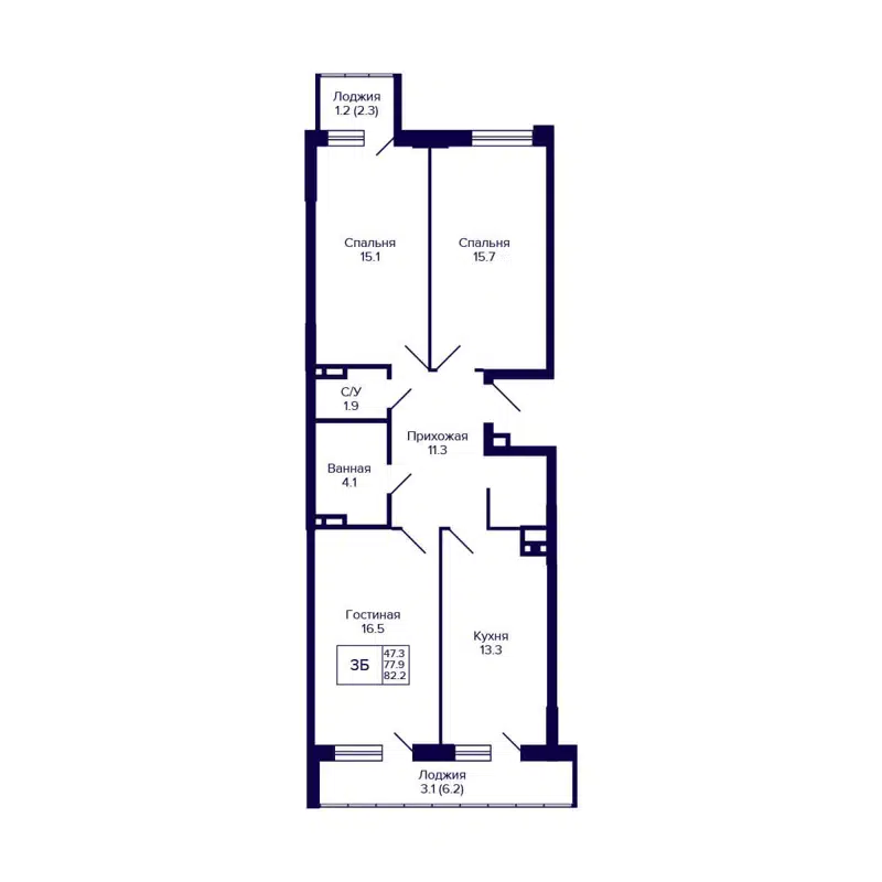 3-комнатная квартира 82.2 м² Gorizont