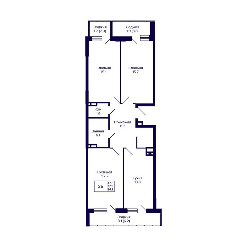3-комнатная квартира 77.4 м² Gorizont