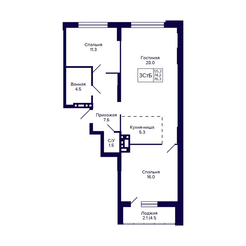 3-комнатная квартира 74.1 м² Gorizont