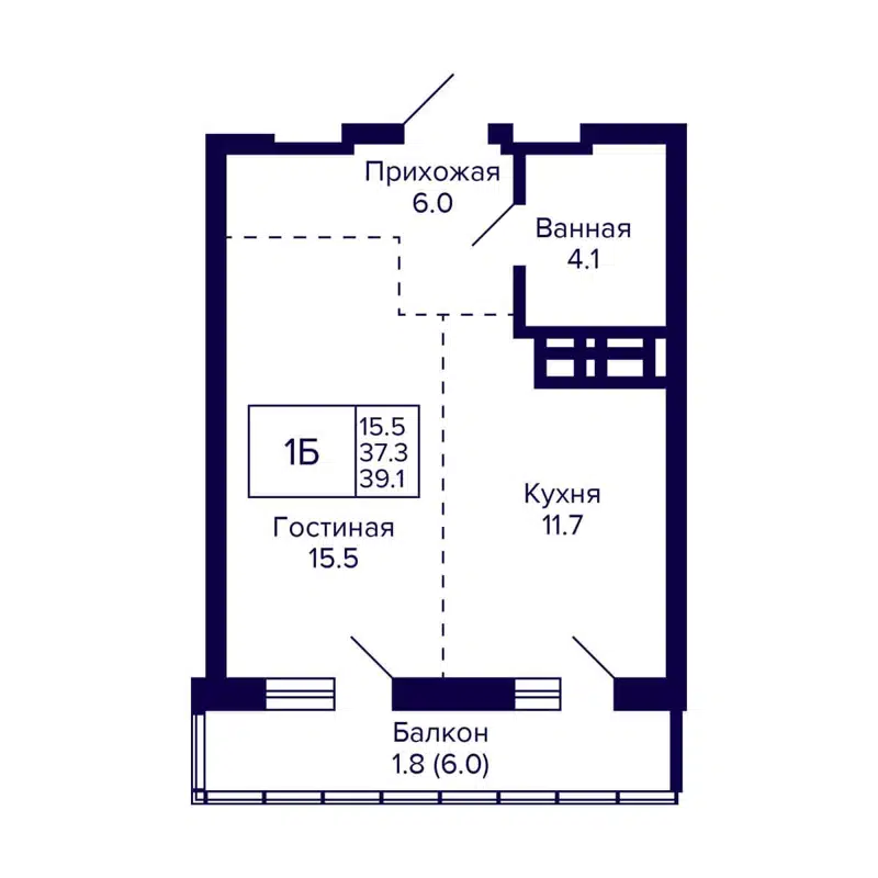 1-комнатная квартира 39.1 м² Grando