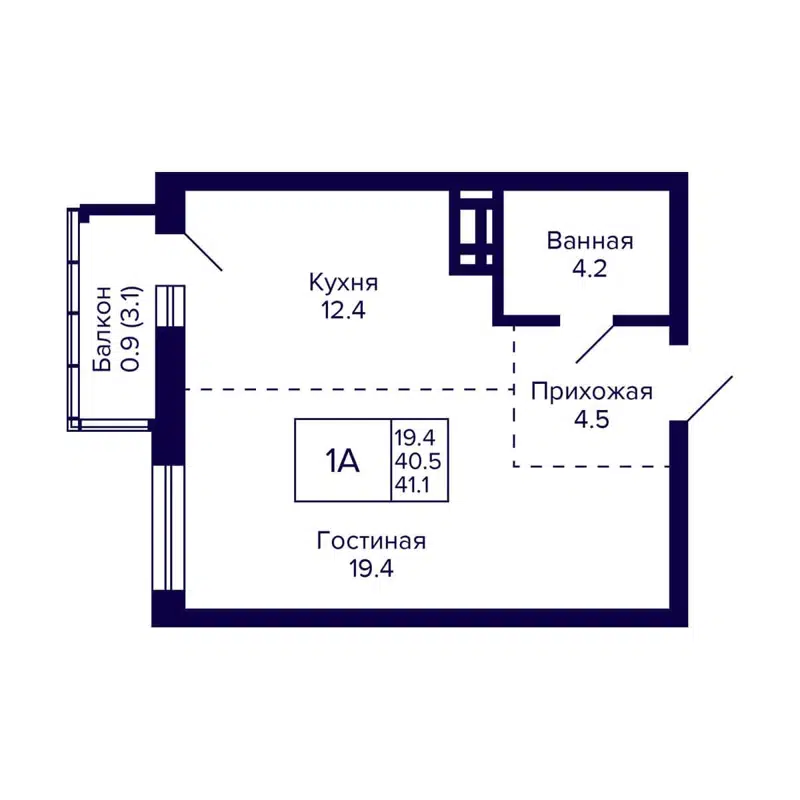 1-комнатная квартира 41.4 м² Grando