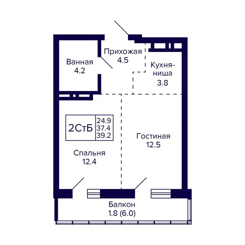 2-комнатная квартира 39.2 м² Grando