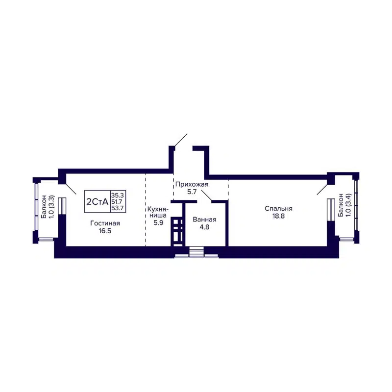 2-комнатная квартира 53.7 м² Grando