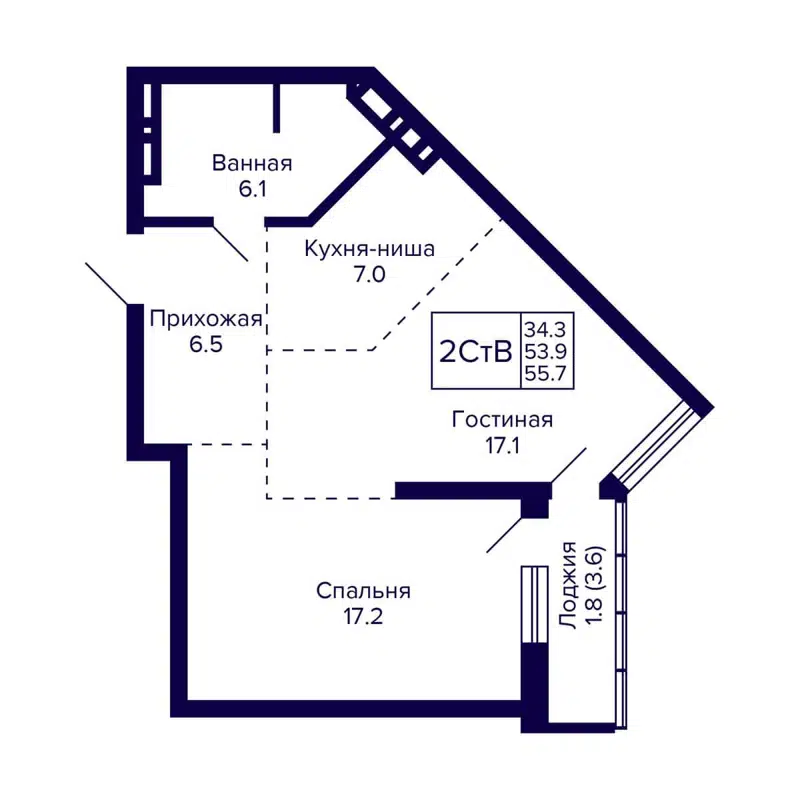 2-комнатная квартира 55.7 м² Grando