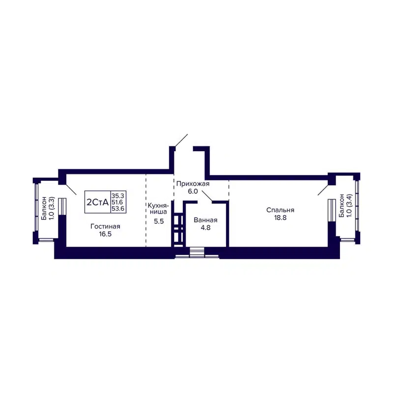 2-комнатная квартира 53.6 м² Grando