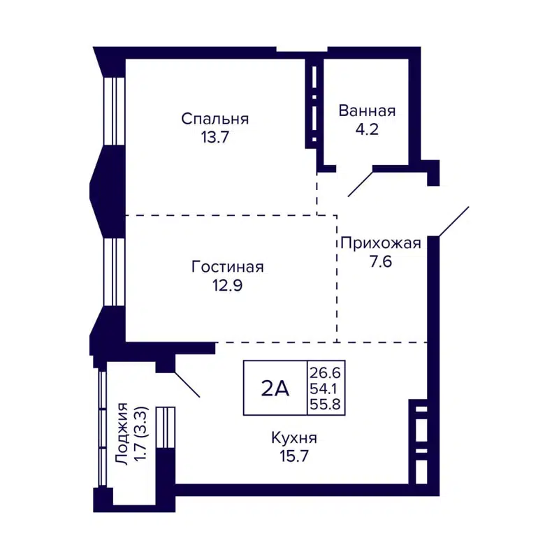 2-комнатная квартира 55.8 м² Grando