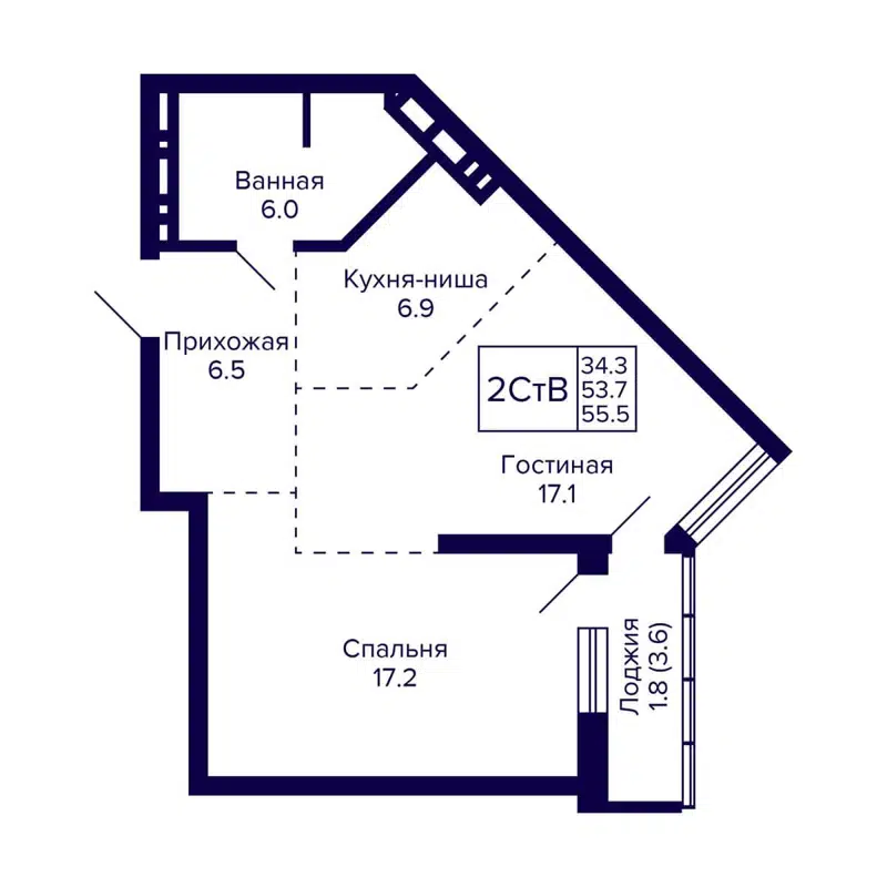 2-комнатная квартира 55.5 м² Grando