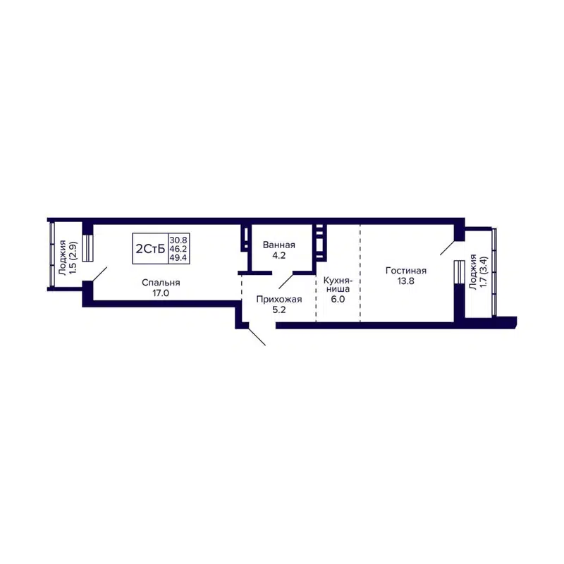 2-комнатная квартира 49.4 м² Grando