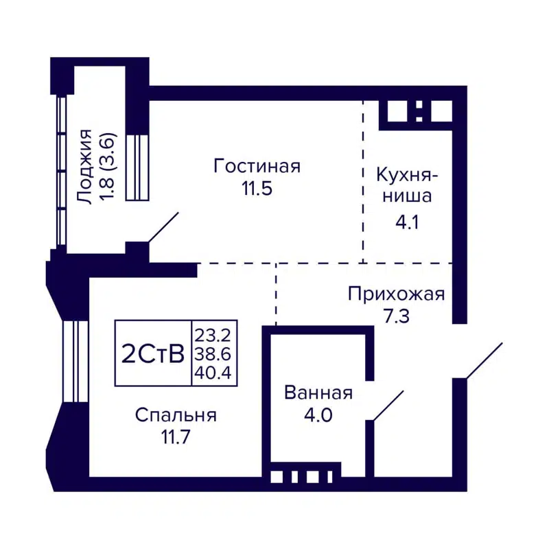 2-комнатная квартира 40.4 м² Grando